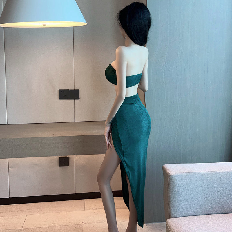 Sexy Lingerie Tube Top Temptation Tight High-Slit Bodycon Long Dress Nightclub Party Set 5724
