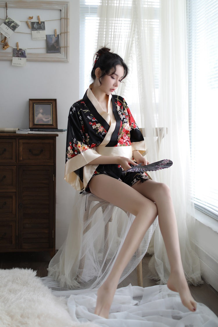 Sexy Lingerie Deep V Japanese Kimono Cute Playful Role Play Bathrobe Set for Women 5060