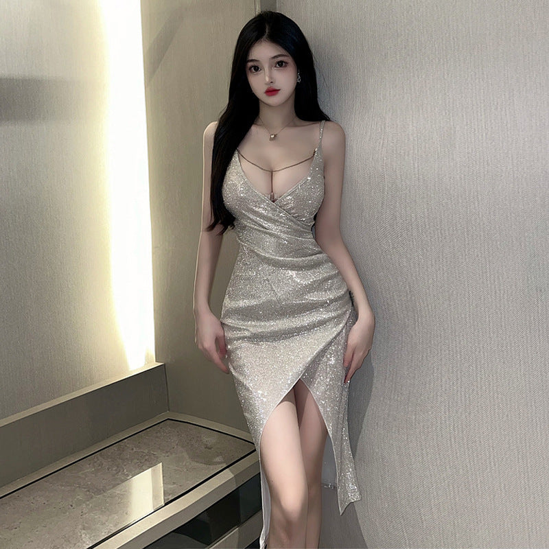 New Sexy Lingerie Deep V Sequin Split High-End Elegant Slim Hot Girl Dress 5442
