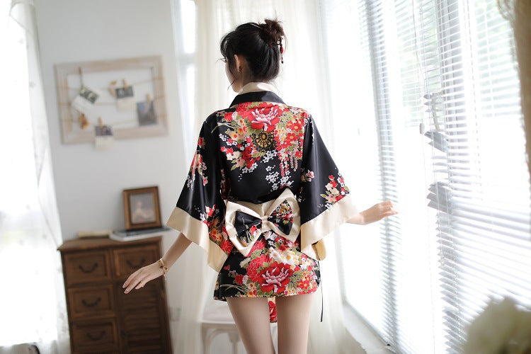 Sexy Lingerie Deep V Japanese Kimono Cute Playful Role Play Bathrobe Set for Women 5060