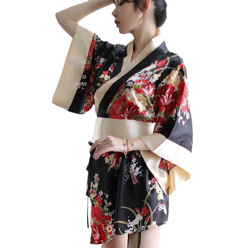 Sexy Lingerie Deep V Japanese Kimono Cute Playful Role Play Bathrobe Set for Women 5060