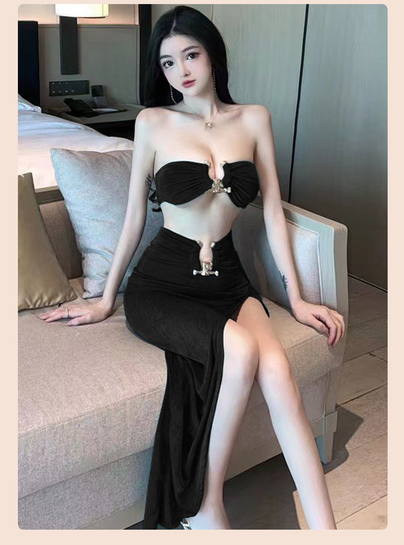 Sexy Lingerie Tube Top Temptation Tight High-Slit Bodycon Long Dress Nightclub Party Set 5724