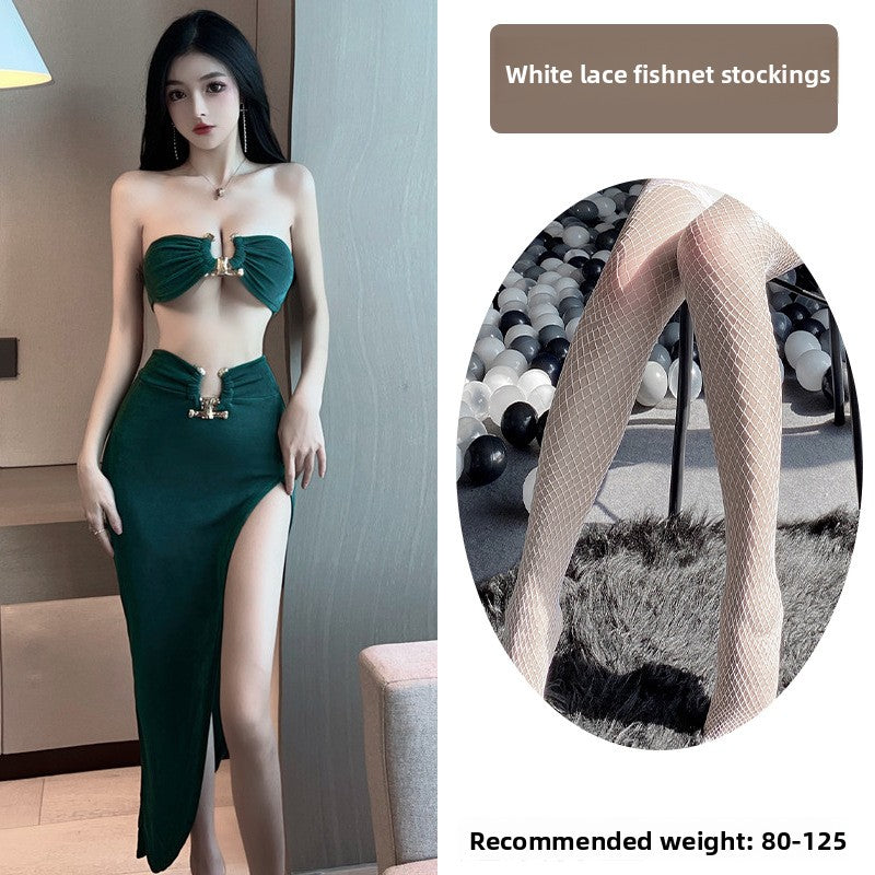 Sexy Lingerie Tube Top Temptation Tight High-Slit Bodycon Long Dress Nightclub Party Set 5724